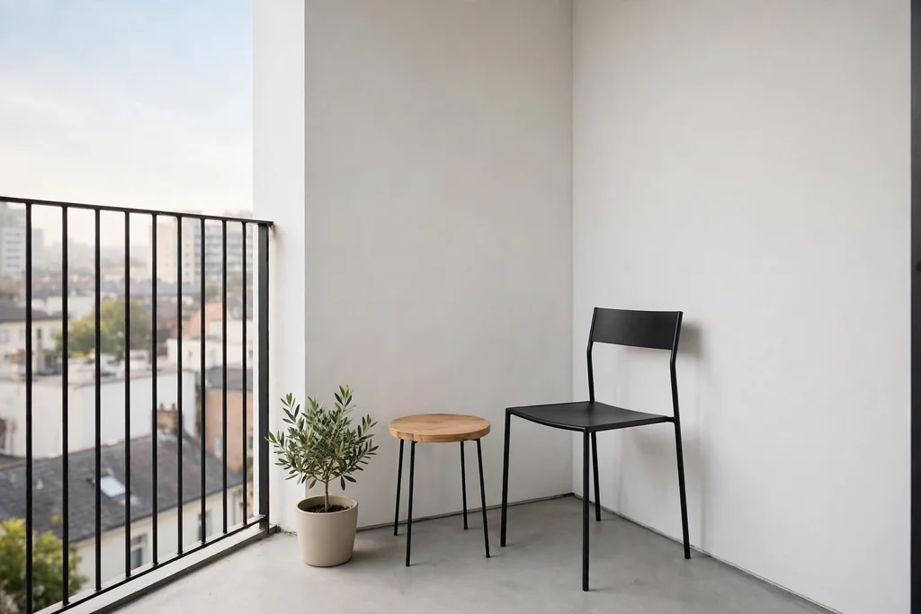 Small minimalist apartment balcony with one slim chair, a small table, and one plant.