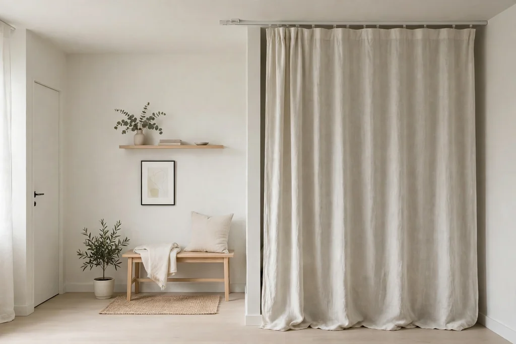 Small minimalist apartment with a curtain on a ceiling track screening a bed alcove.