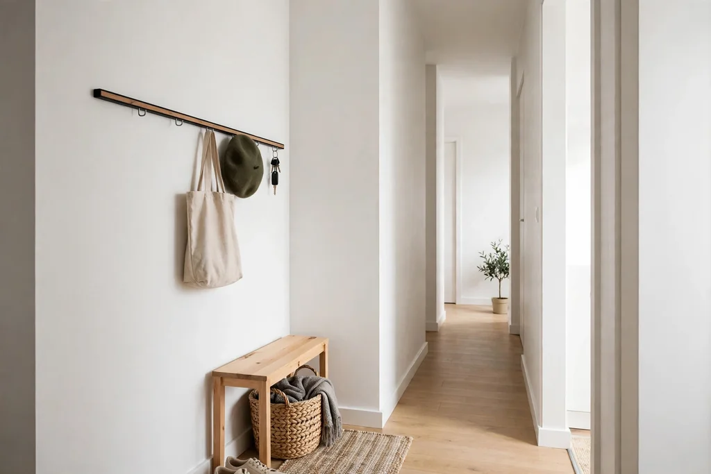 Small minimalist apartment entry with a wall hook rail, small bench, and a basket.