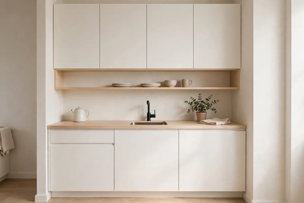 Small minimalist apartment kitchen with flat white cabinets and a tidy pale wood counter.