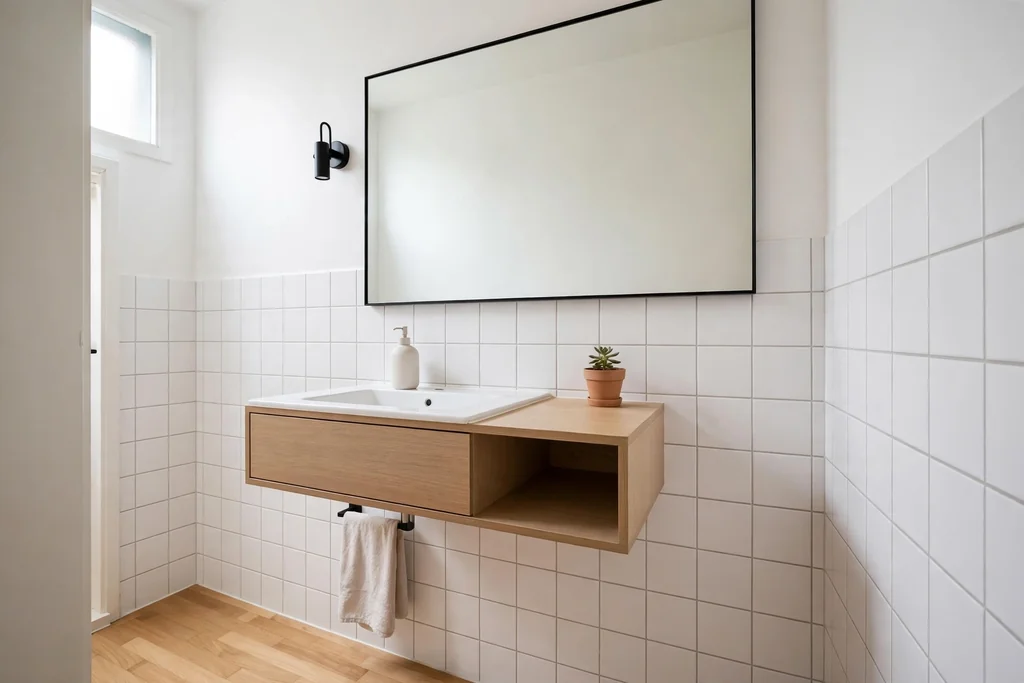 Small minimalist apartment bathroom with a floating vanity and large mirror.