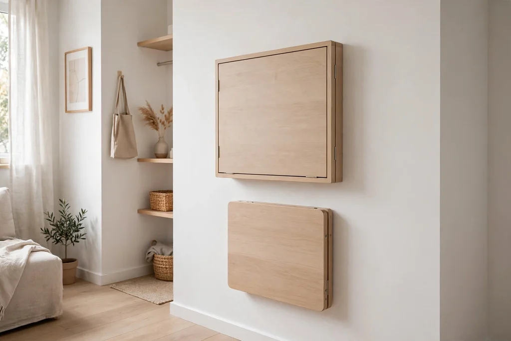 Small minimalist apartment with a fold-down desk closed flat against a white wall.