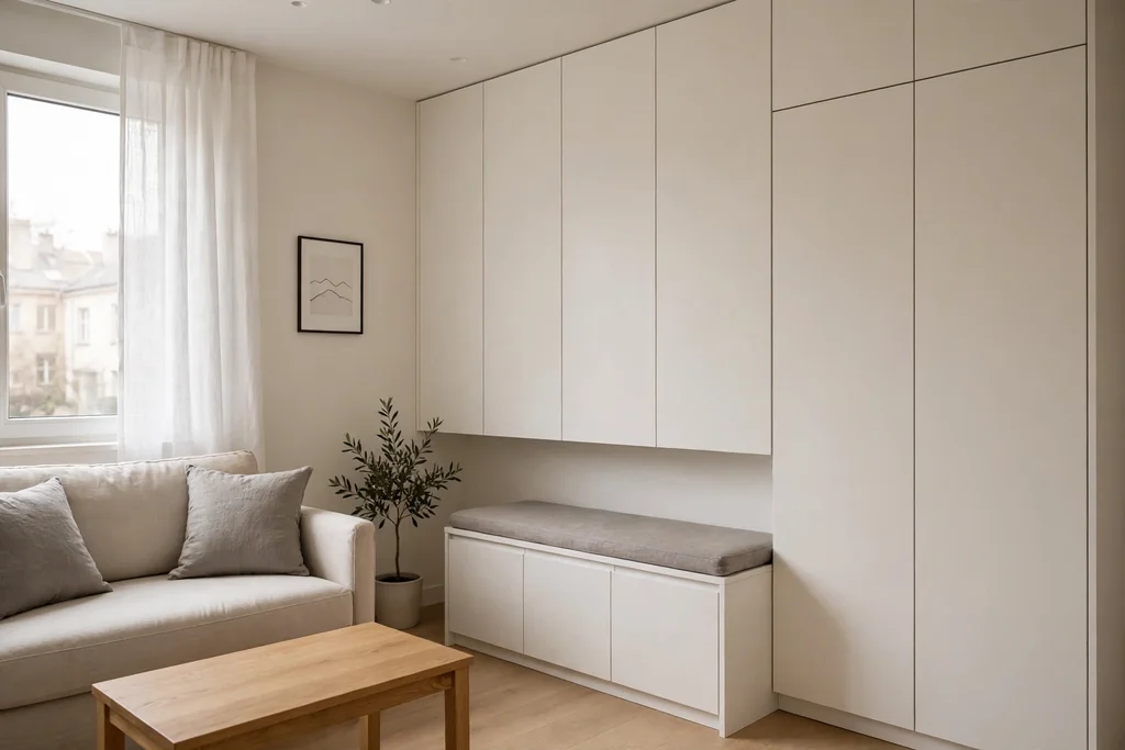 Small minimalist apartment living room with closed storage bench and hidden cabinets.