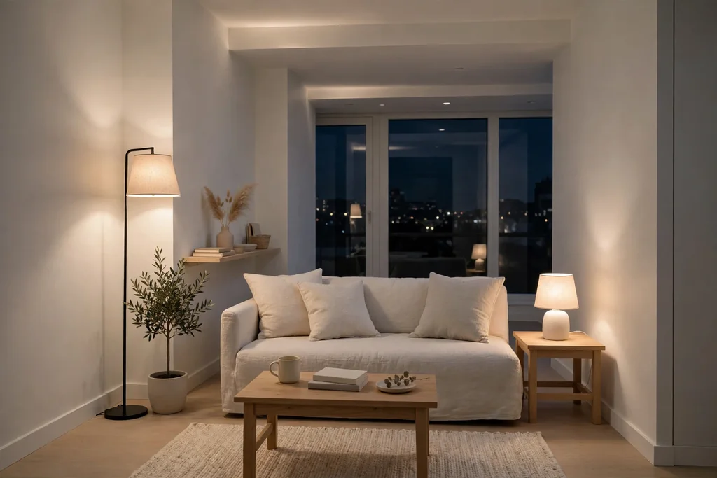 Small minimalist apartment living room with layered lighting from a floor lamp and table lamp.