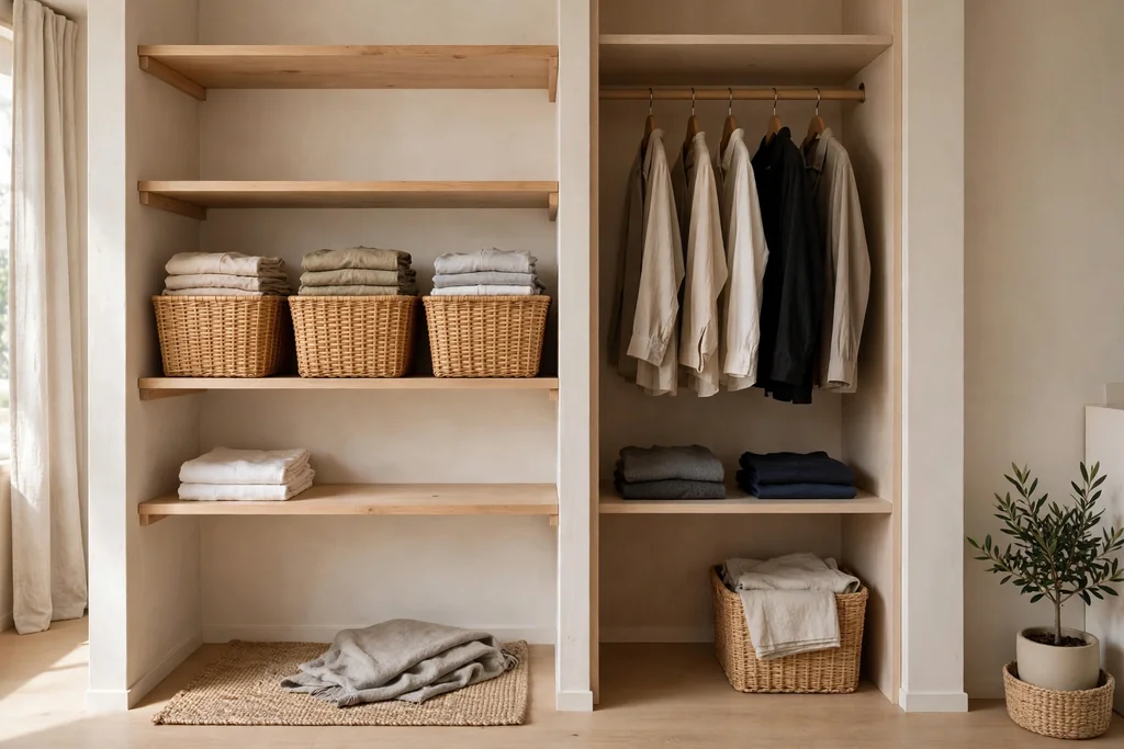 Small minimalist apartment shelves with matching woven baskets holding folded clothes.