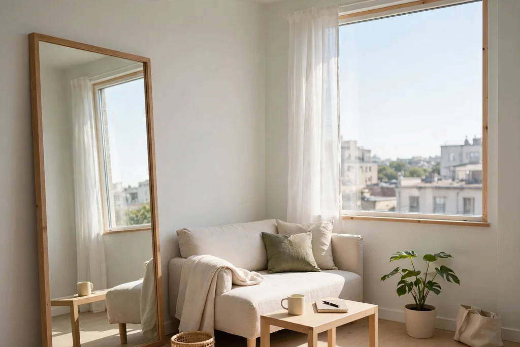 Small minimalist apartment with a large mirror opposite a bright window.