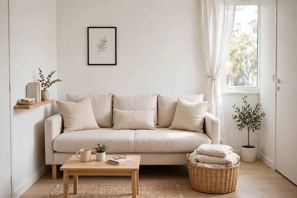 Small minimalist apartment with a sofa bed dressed as a sofa and bedding folded in a basket.