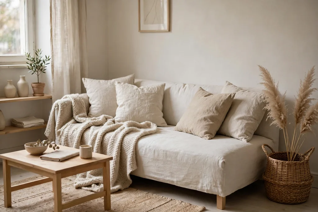 Small minimalist apartment sofa with linen cushions, a wool throw, and a woven basket.