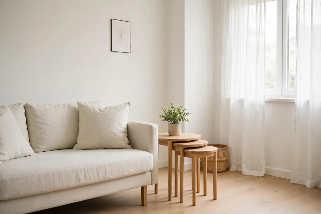 Small minimalist apartment with nesting side tables beside a pale sofa.