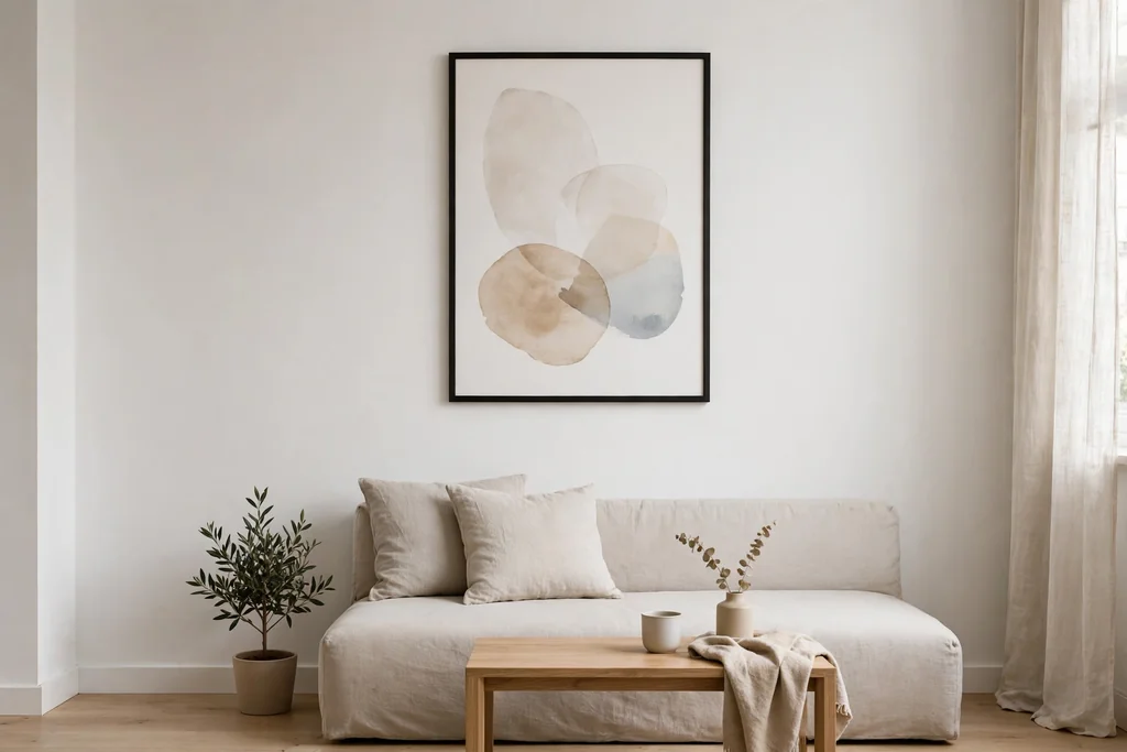 Small minimalist apartment with one large framed artwork above a low sofa.