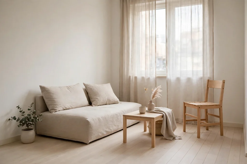 Small minimalist apartment in one calm warm white palette with pale wood floor and a low sofa.