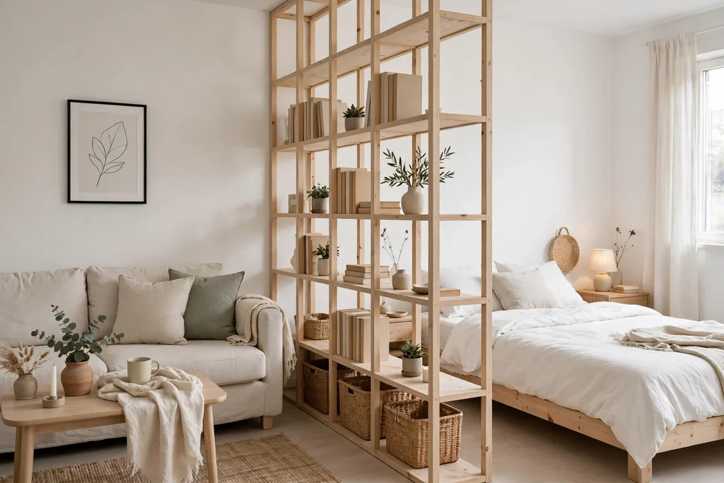 Small minimalist apartment with an open bookshelf dividing living and sleeping areas.
