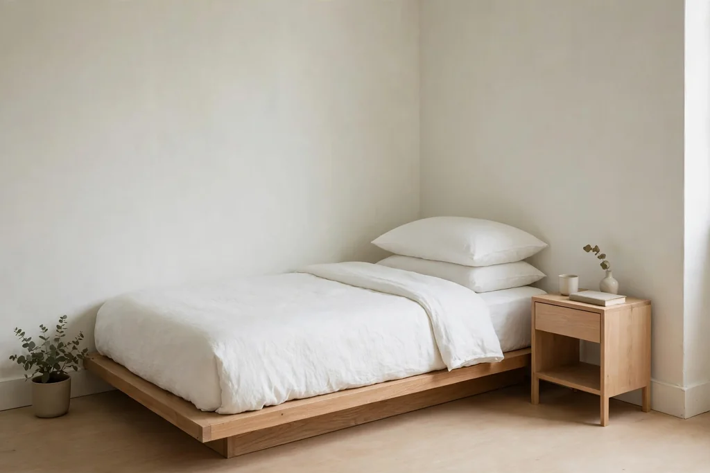 Small minimalist apartment bedroom corner with a low platform bed and plain white bedding.