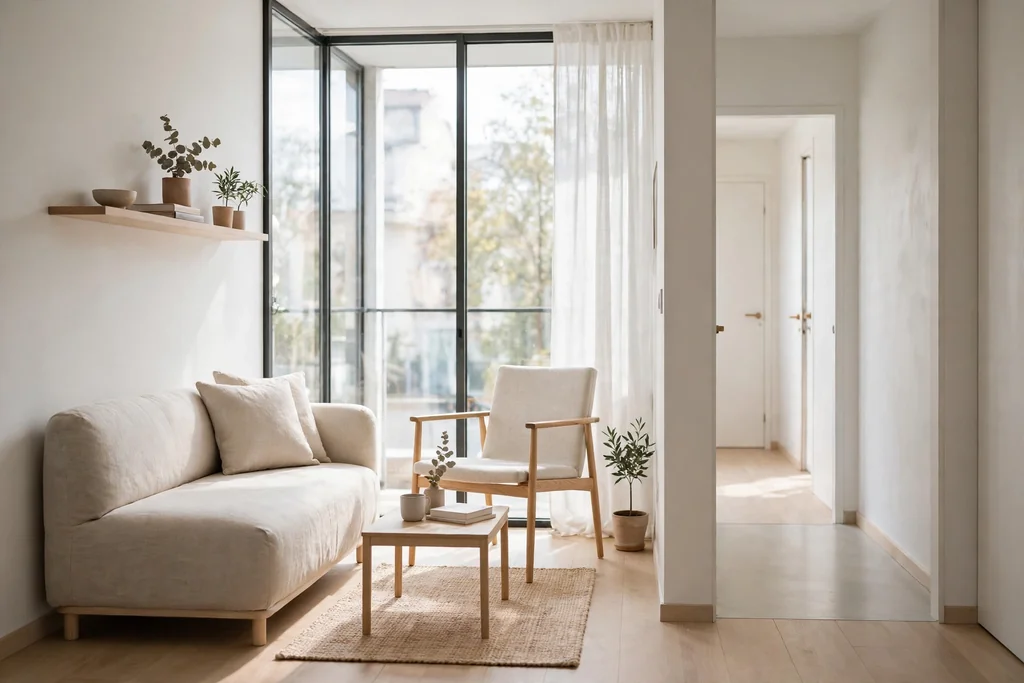 Small minimalist apartment with a low sofa and slim armchair leaving a clear walkway.