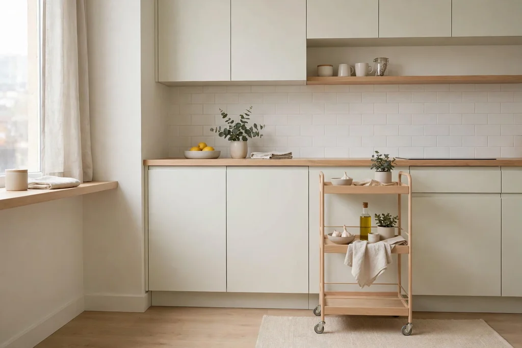 Small minimalist apartment kitchen with a slim rolling cart beside the counter.