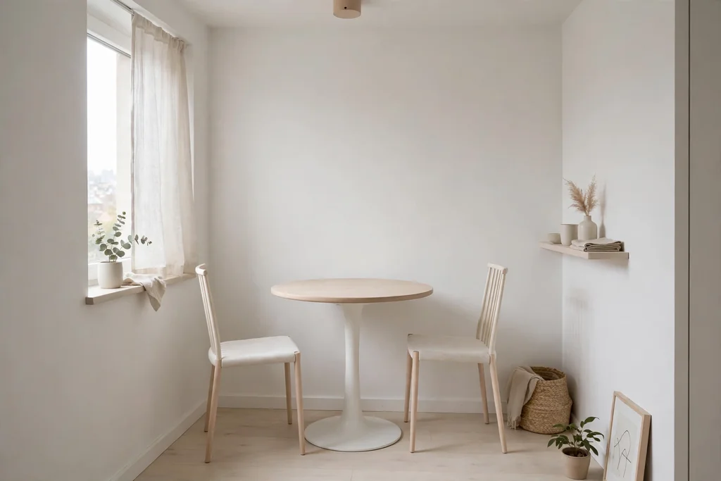 Small minimalist apartment corner with a round pedestal dining table and two slim chairs.