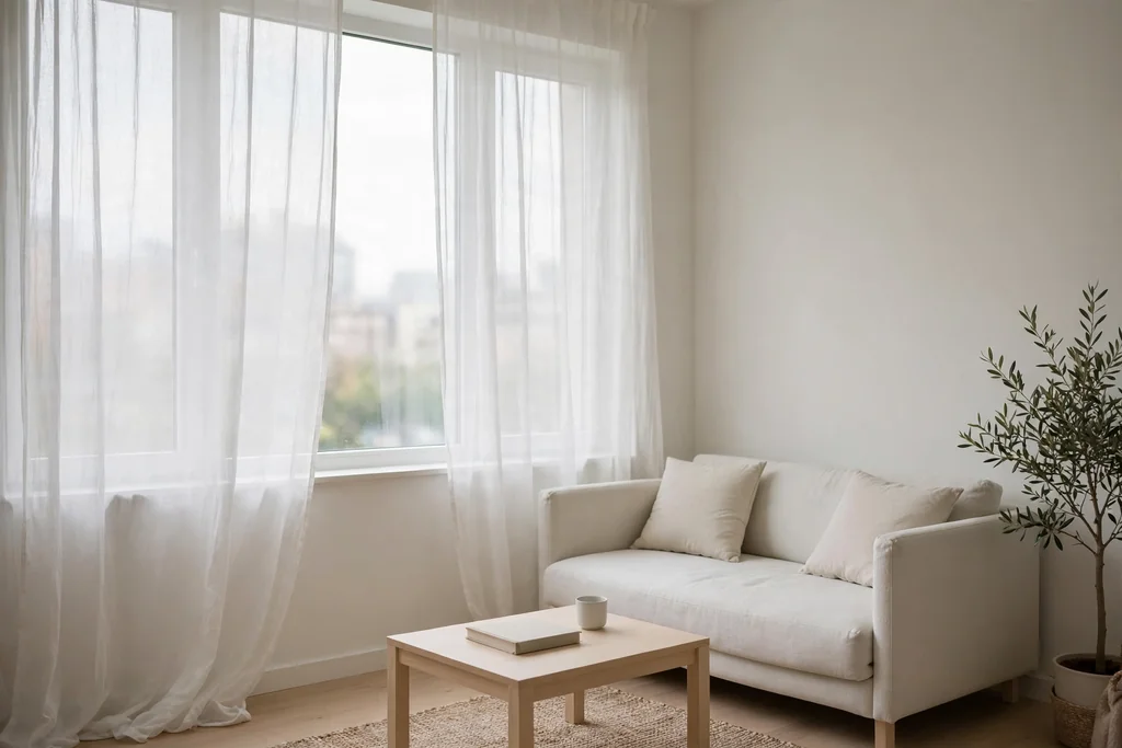 Small minimalist apartment with sheer white curtains softening daylight at a large window.