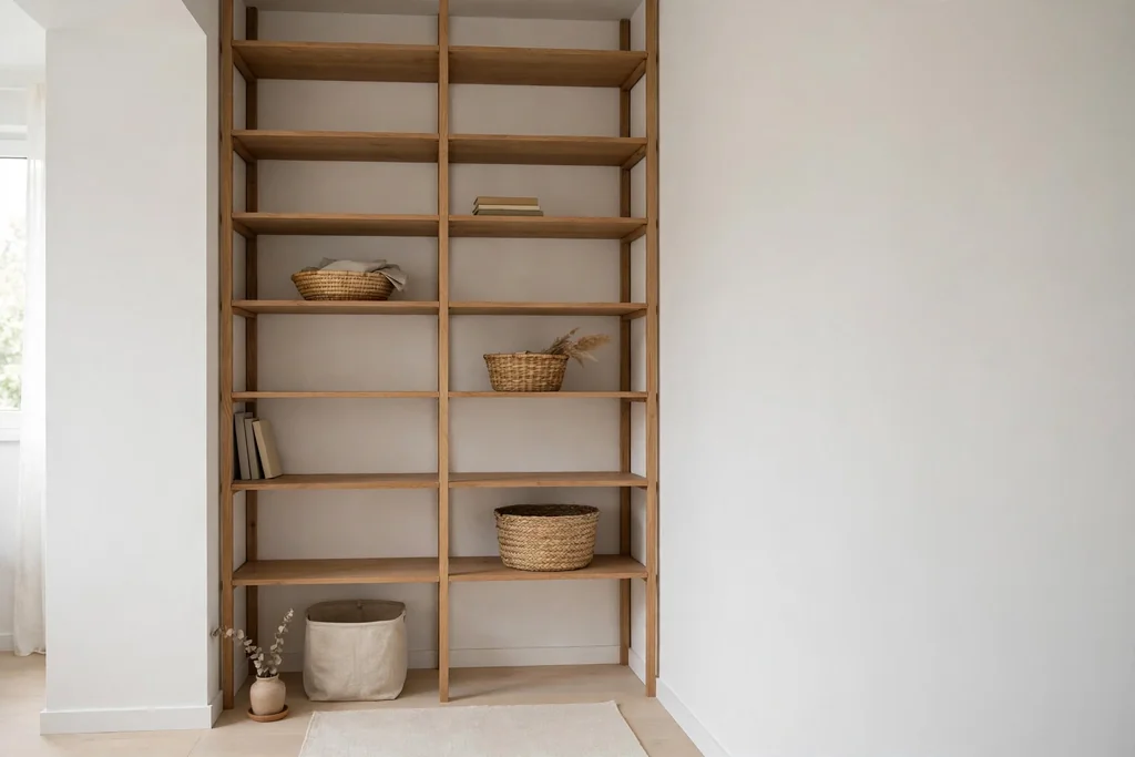 Small minimalist apartment with open shelves reaching to the ceiling holding books and baskets.