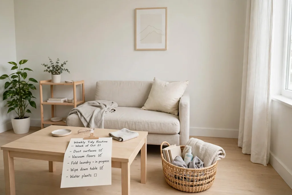 Small minimalist apartment living room with a clear floor and one basket for tidying.