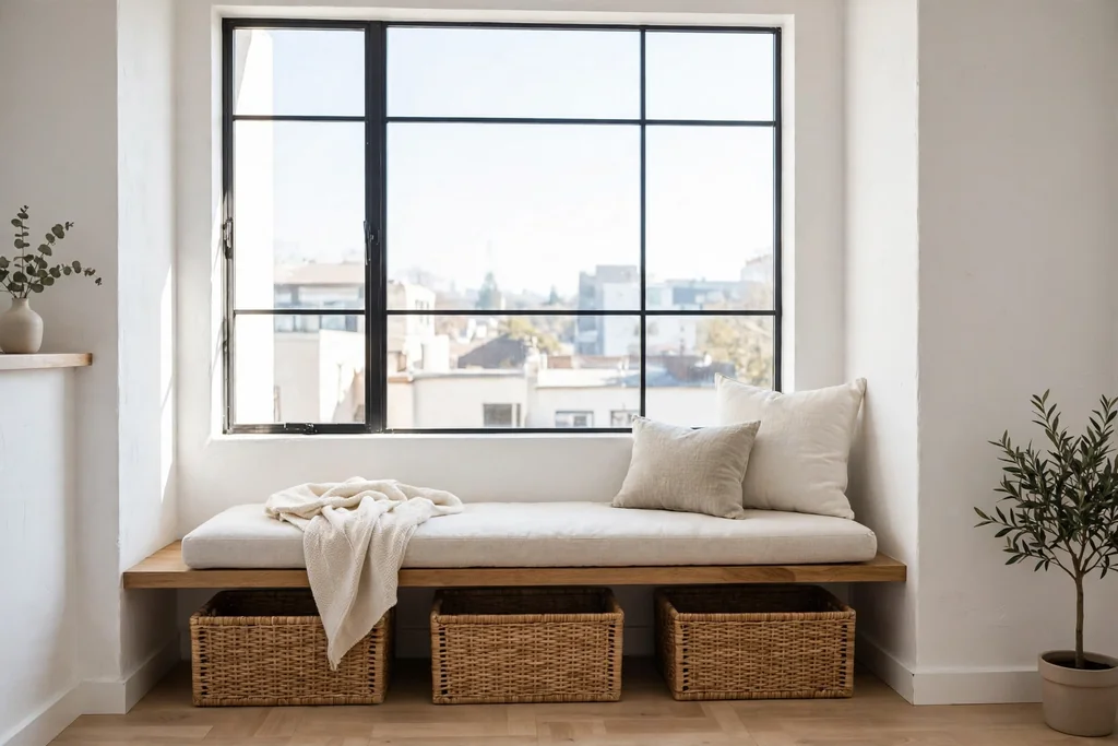 Small minimalist apartment window seat bench with storage baskets underneath.