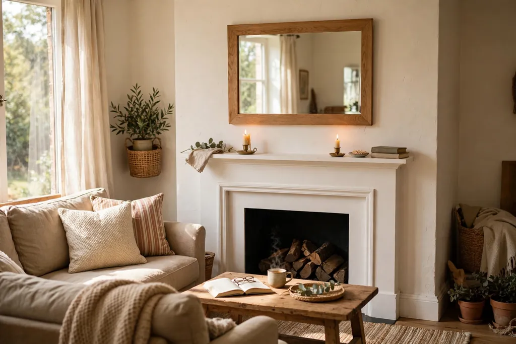 Rectangular mirror above a fireplace mantel with a simple sofa seating area.