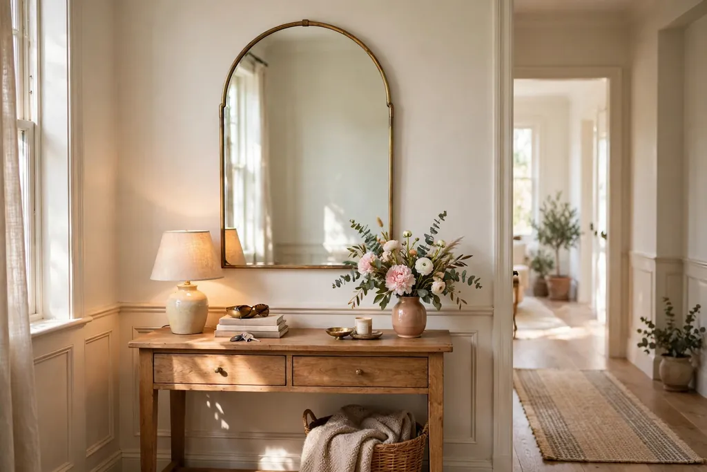 Arched mirror above a console table with a lamp and a small vase in a hallway.
