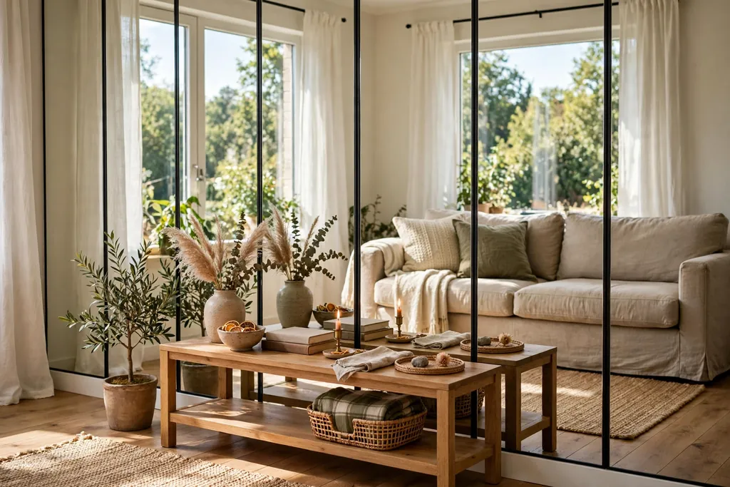 Living room wall fitted with floor-to-ceiling mirrored panels beside a low console.