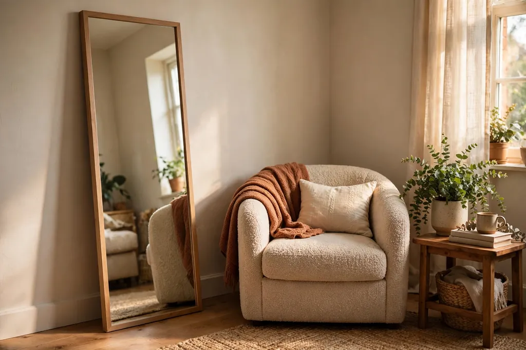 Full-length mirror leaning against a living room corner wall beside a chair.