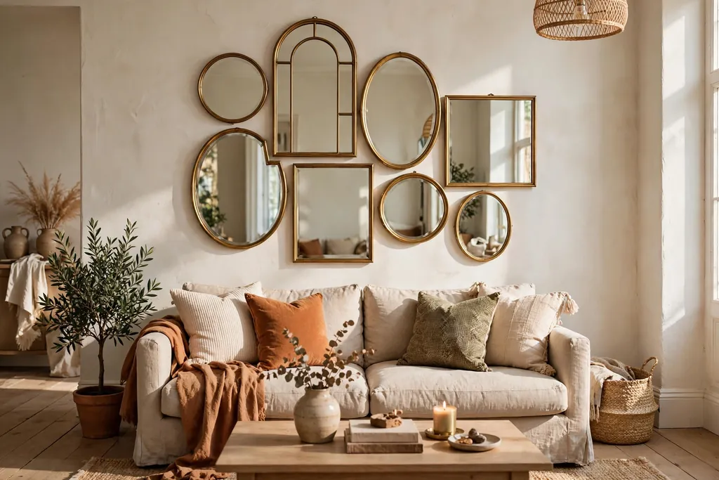 Gallery wall of round, oval, arched, and rectangular mirrors in brass frames.
