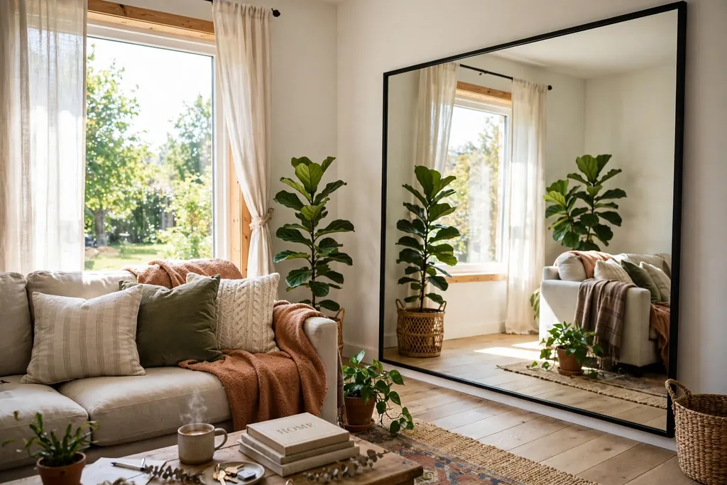 Large mirror on a wall opposite a bright window, reflecting daylight across a living room.