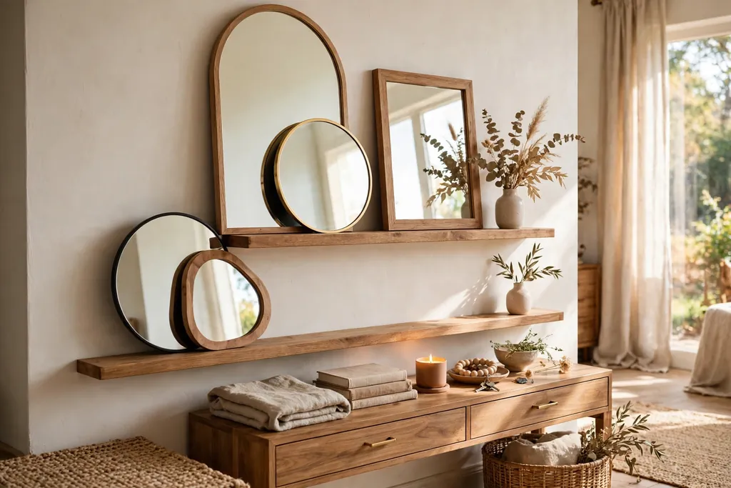 Picture ledges holding layered mirrors of different sizes above a console table.