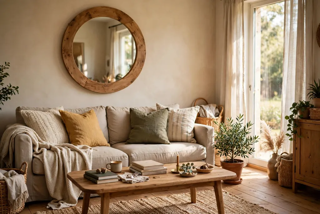 Living room with a large round mirror in a wood frame above a sofa.
