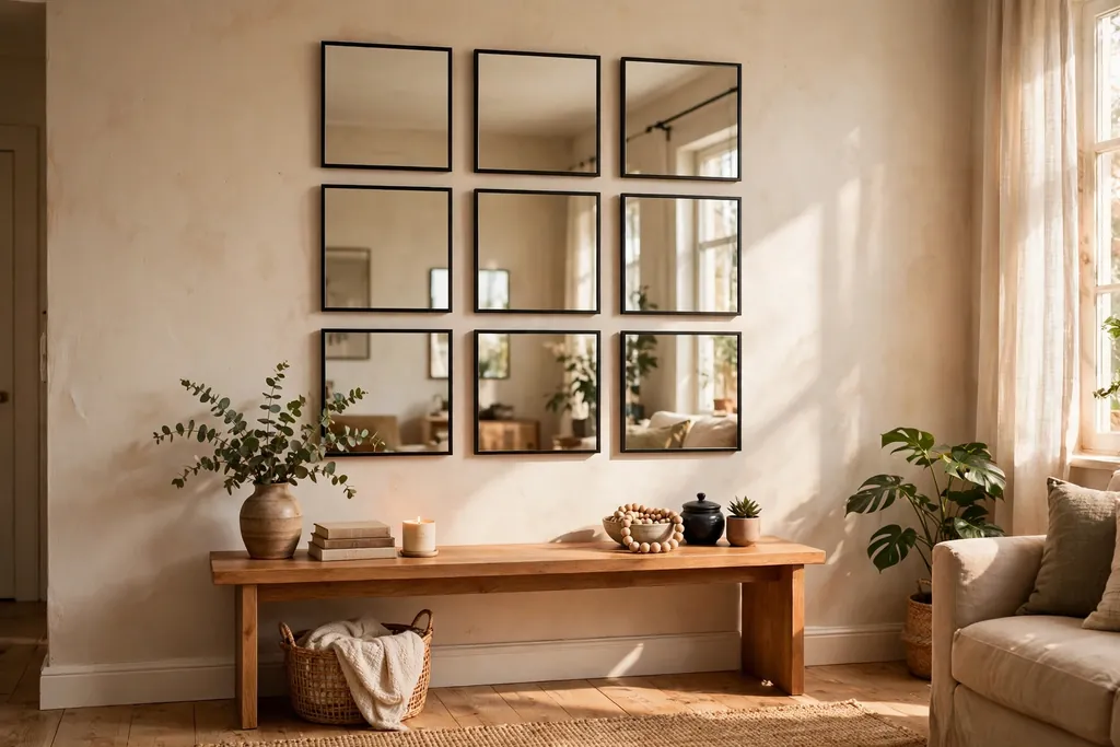 Grid of nine matching square mirrors with thin frames on a living room wall.