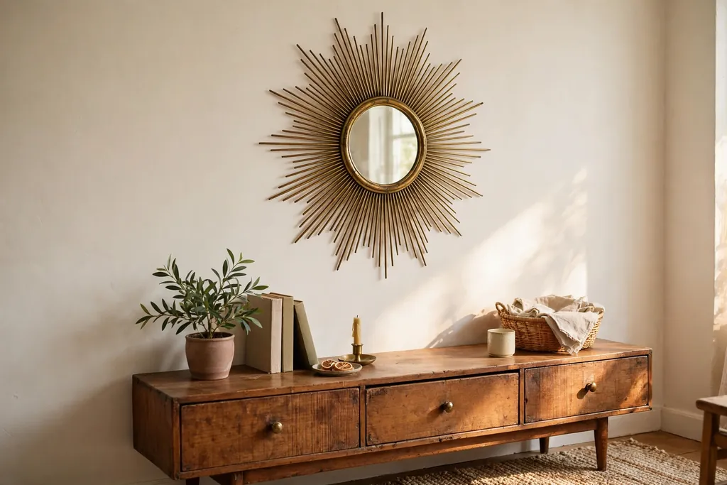 Sunburst mirror with brass rays on a plain living room wall above a sideboard.
