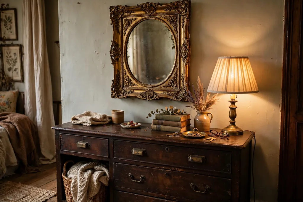 Vintage mirror in a worn gold frame above a wooden dresser in warm lamp light.