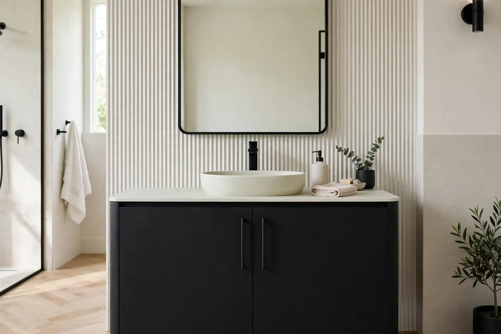 Matte black single vanity with a pale basin and slim handles in a modern bathroom.