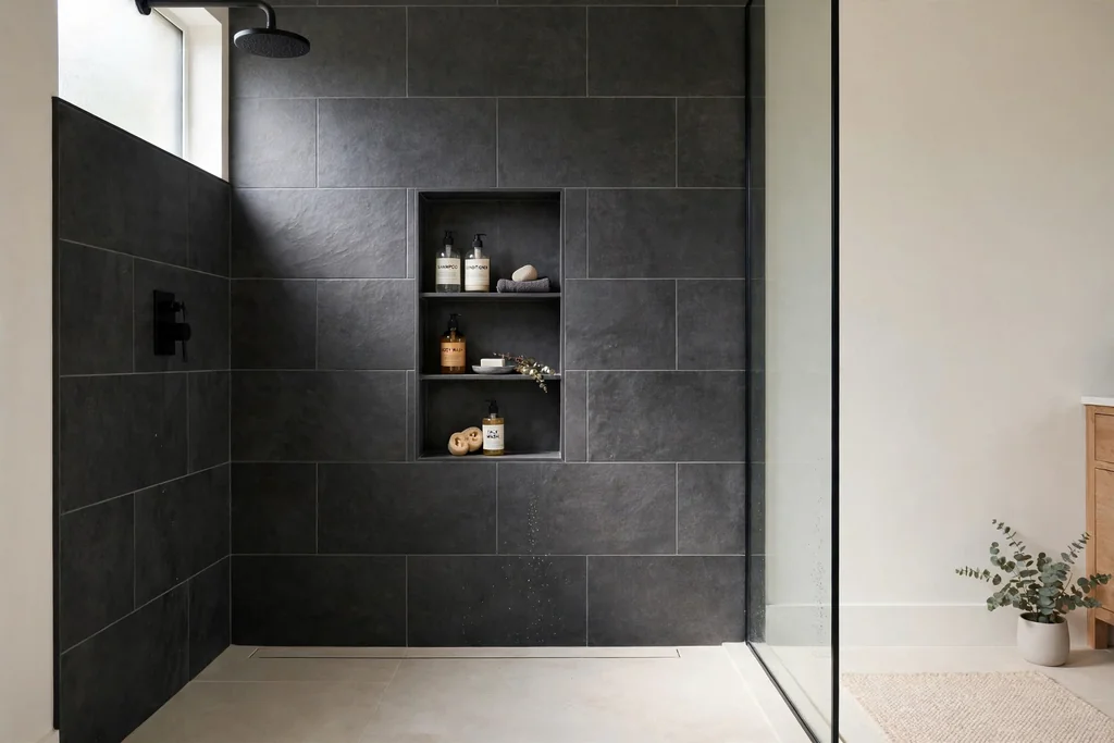 Shower wall in large format charcoal tiles with a niche and pale floor.
