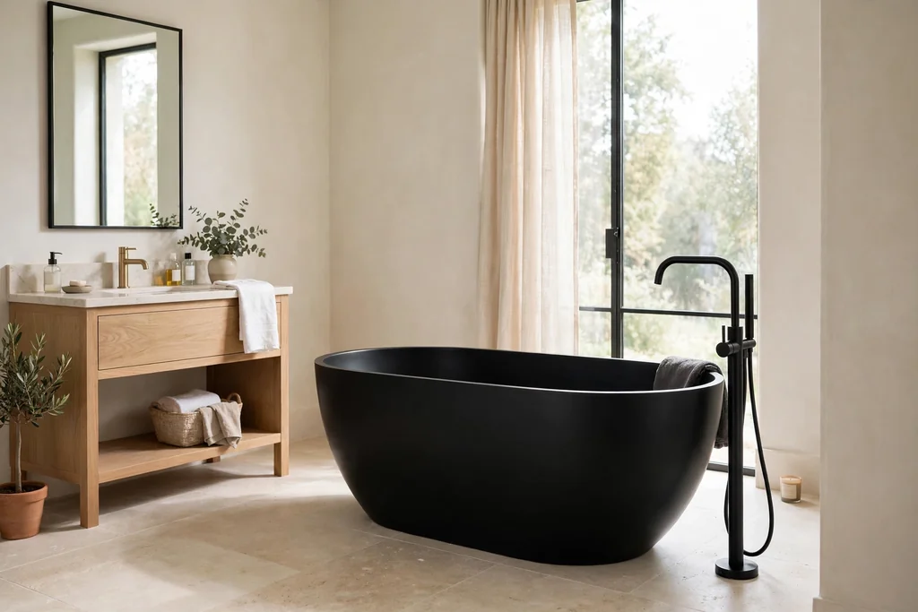 Black freestanding oval tub with a floor mounted filler in a pale walled bathroom.