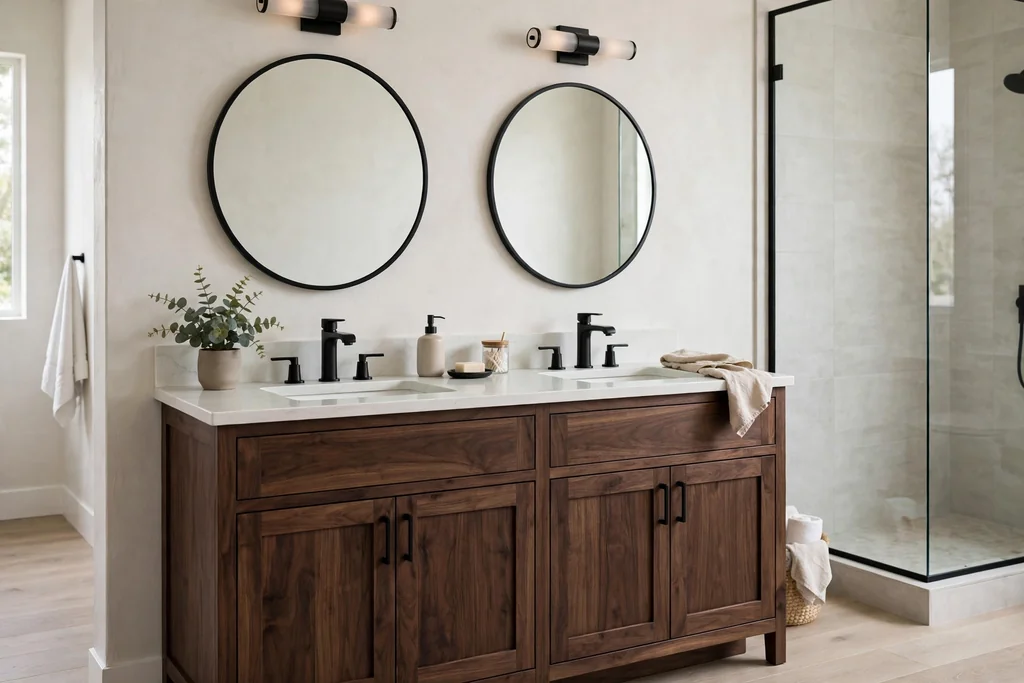 Dark walnut double vanity with two basins and a pale countertop.