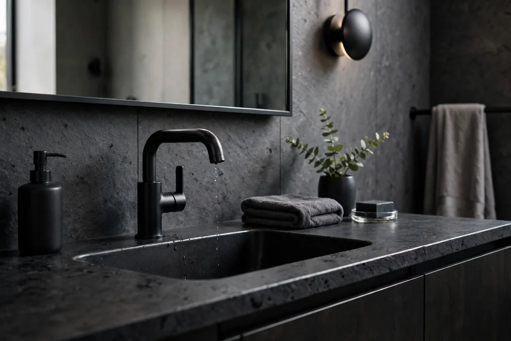 Matte black basin mixer and fittings on a dark vanity counter.