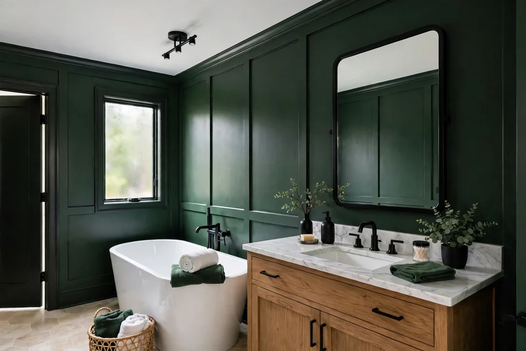 Bathroom with deep forest green walls, black trim, and a white ceiling.