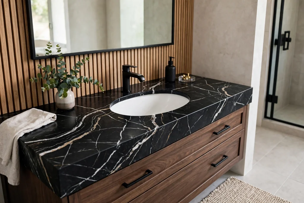 Black marble look vanity top with veining and a white undermount basin.