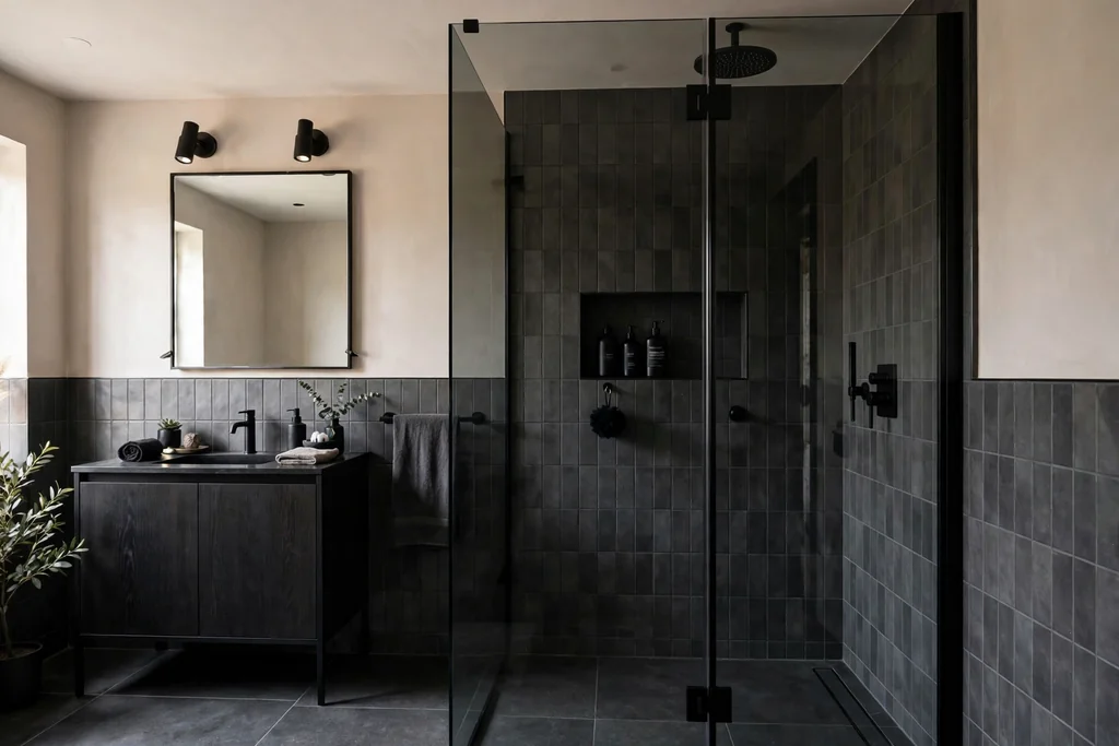 Smoked glass shower screen with charcoal tiles and black fittings.