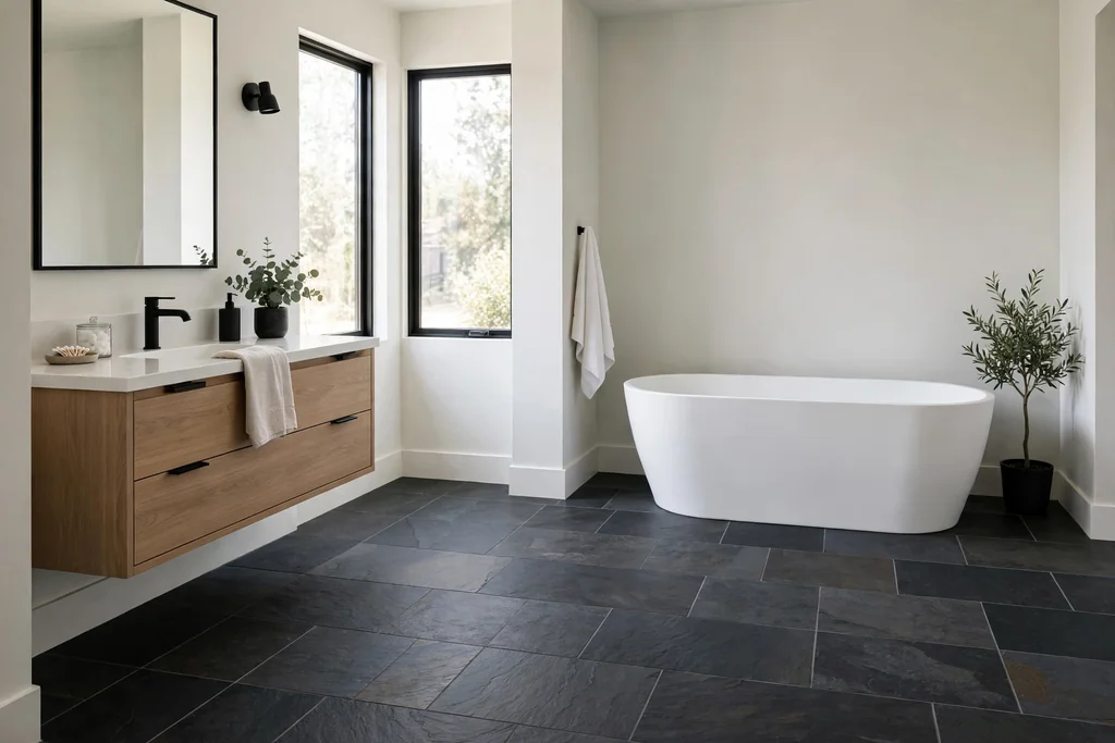 Dark slate look floor tiles with a white tub and pale walls.