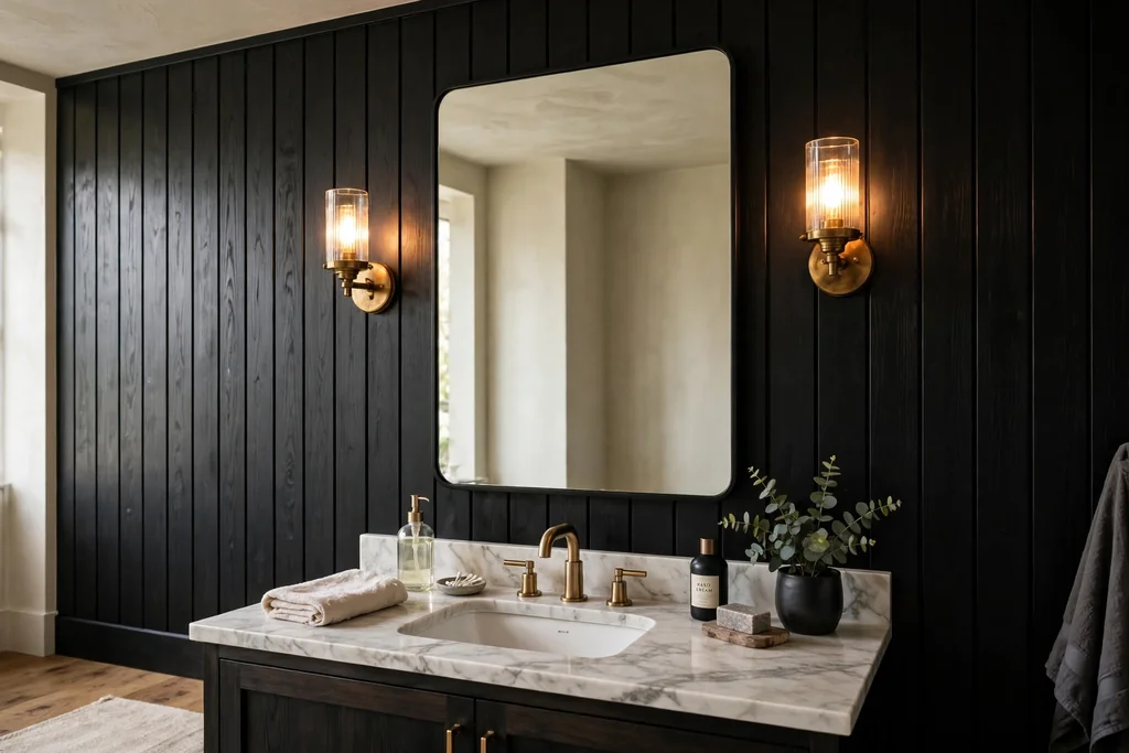 Black panelled wall behind a bathroom mirror with warm sconces.