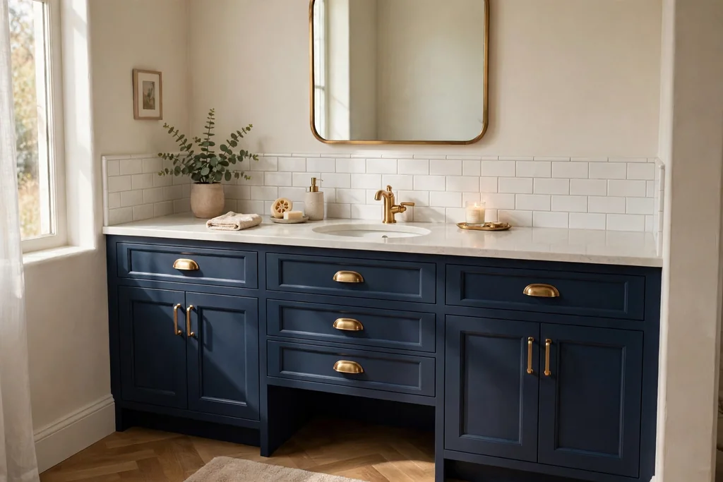 Navy bathroom cabinetry with warm brass handles and a pale countertop.