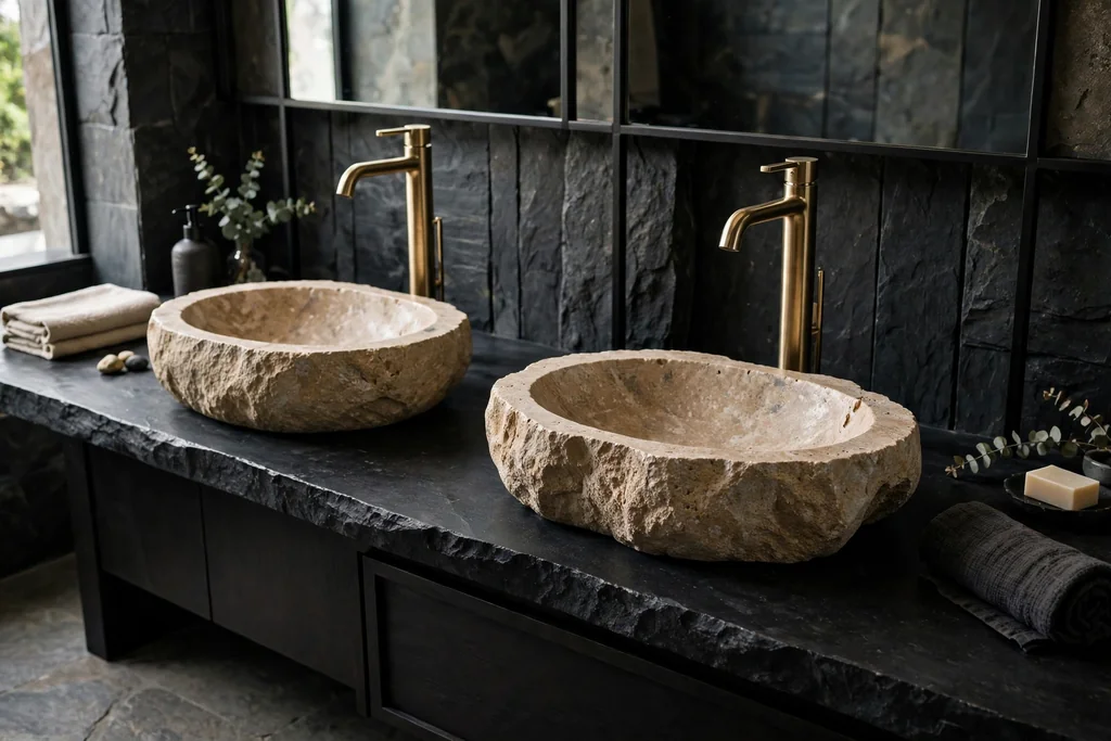Stone vessel basins on a dark bathroom counter with tall taps.