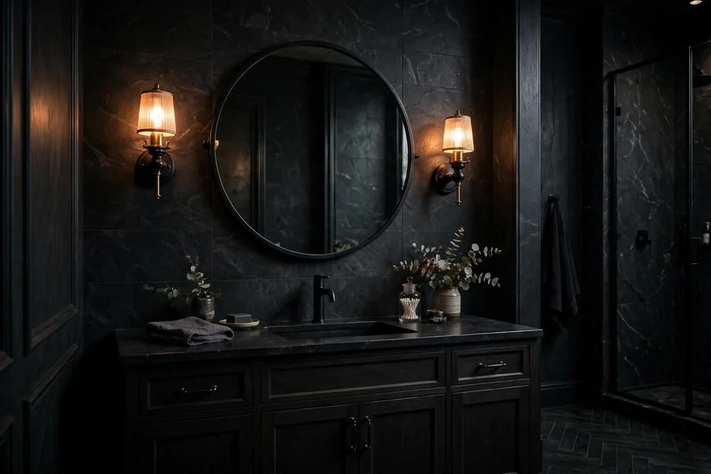 Black framed round mirror with warm sconces on either side.