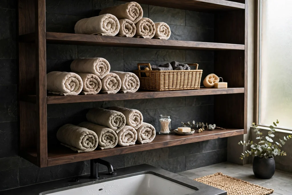 Dark wood open shelves holding rolled towels and a basket.