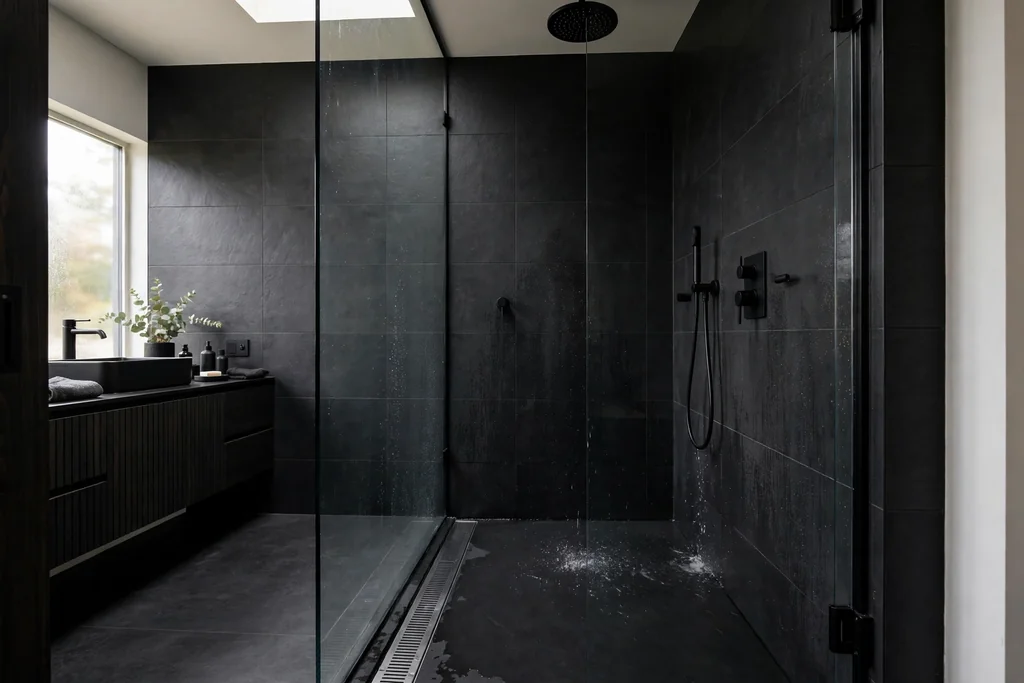 Black wet room shower with level floor, linear drain, and glass panel.